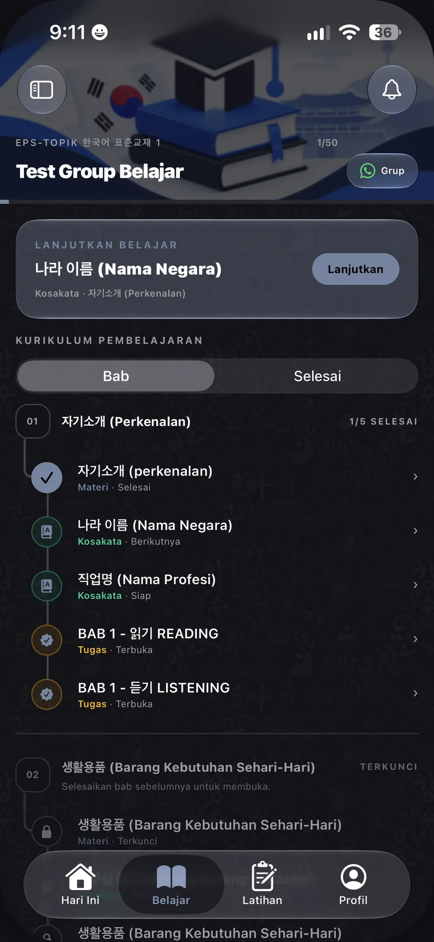 Tab Belajar di aplikasi Hakgyo: kelas EPS-TOPIK dengan tombol grup WhatsApp, lanjutkan belajar, dan kurikulum per bab.
